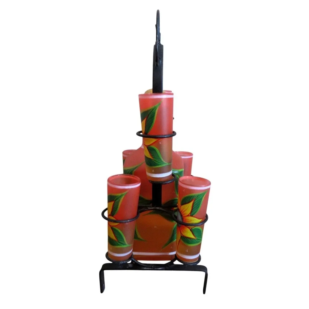 Mexican Hand Painted Sunflower Tequila Decanter Set 6 Shot Glasses Wrought Iron